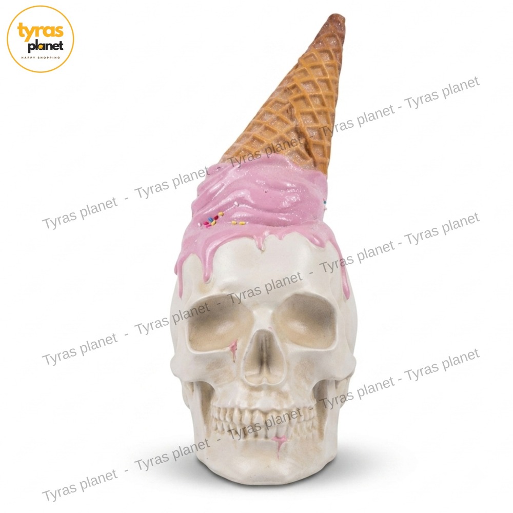 Summerween Skull Pink Melted Ice Cream Cone Halloween Decor 12in Figurine